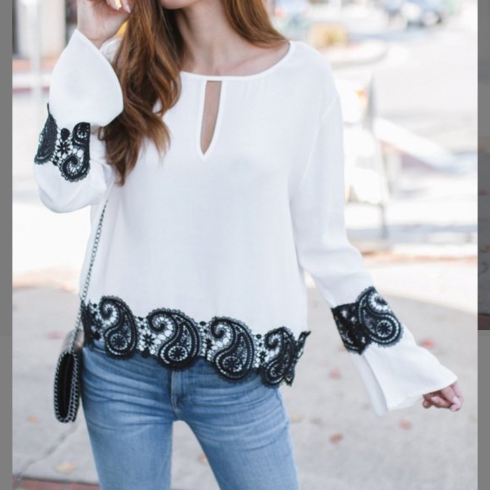 White Lace-Trim Keyhole Blouse